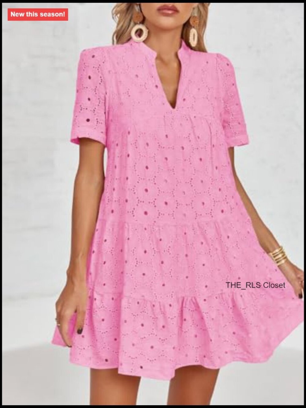 Women's Eyelet Lace Babydoll Swing Dress V-Neck Short Sleeve - Picture 2 of 7
